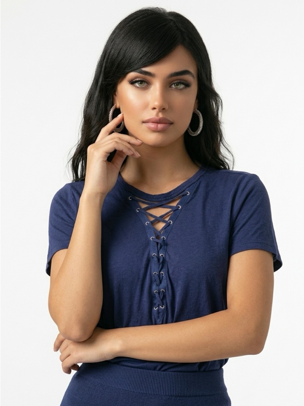 EXPRESS | Lace Up Blue Choker Style Short Sleeve Tee Women’s Size Small